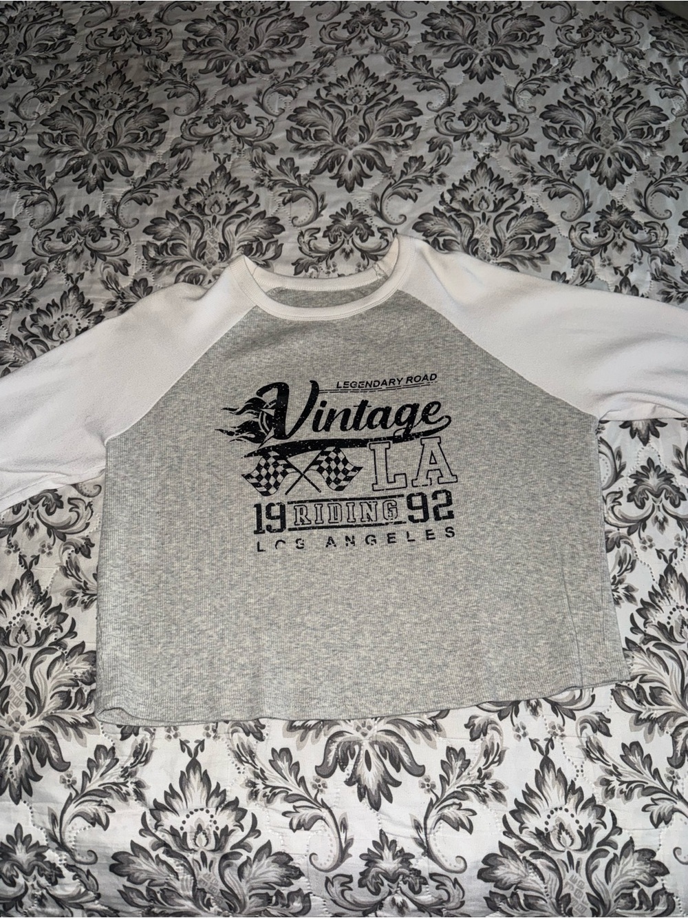 Aeropostale Grey and White Vintage LA Graphic Cropped Shirt With Sleeves